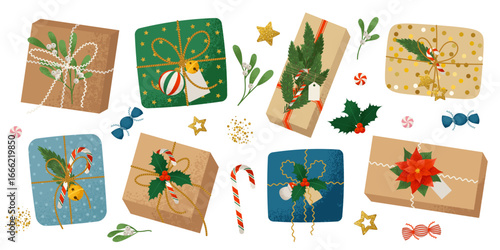 Christmas gifts. DIY craft present boxes in wrapping paper with thread bows and branches. Flat vector illustrations