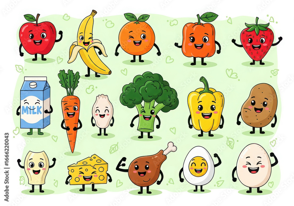 Fototapeta premium Happy cartoon fruits vegetables and dairy products collection