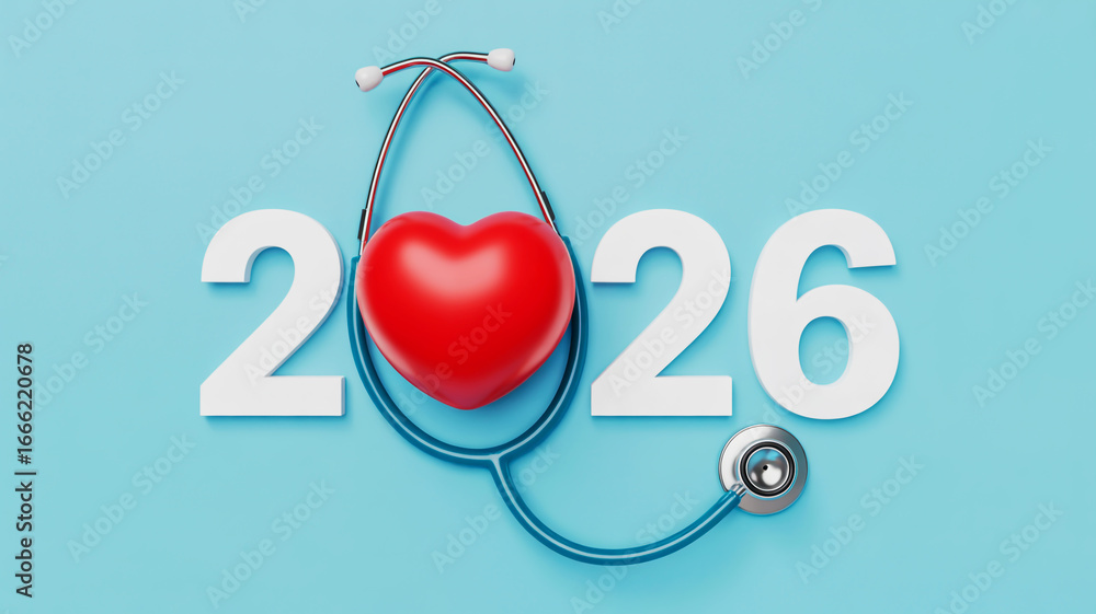 Fototapeta premium A stethoscope wraps around a vibrant red heart symbolizing health and care against the backdrop of the year 2026