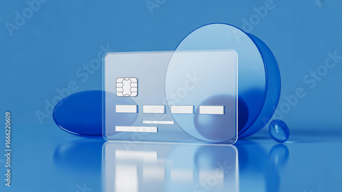Modern transparent credit card with abstract blue shapes on a reflective surface