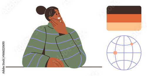 Person in striped sweater contemplating, alongside German flag and a globe with highlighted points. Ideal for education, language learning, global citizenship, travel, international relations, study