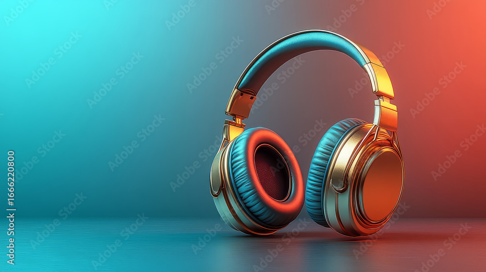 Naklejka premium A pair of stylish headphones with blue and gold accents on a gradient background of blue and red hues