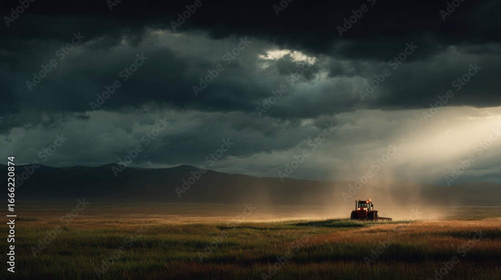 Fototapeta premium Dramatic Landscape with Tractor Under Dark Clouds and Sunbeams