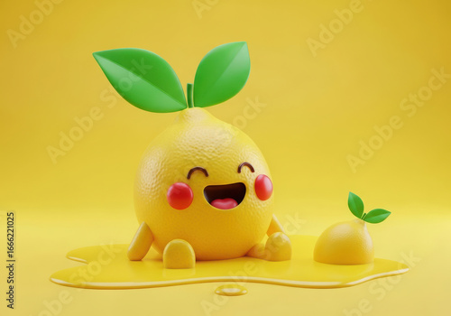 Cute happy yellow character with green leaves on a yellow background