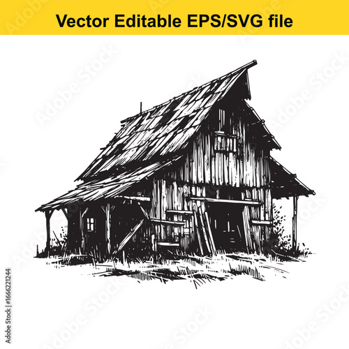 Old weathered wooden barn in rural countryside, vector editable epssvg file