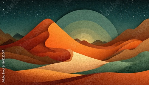 Desert landscape at sunrise, layered paper cut style