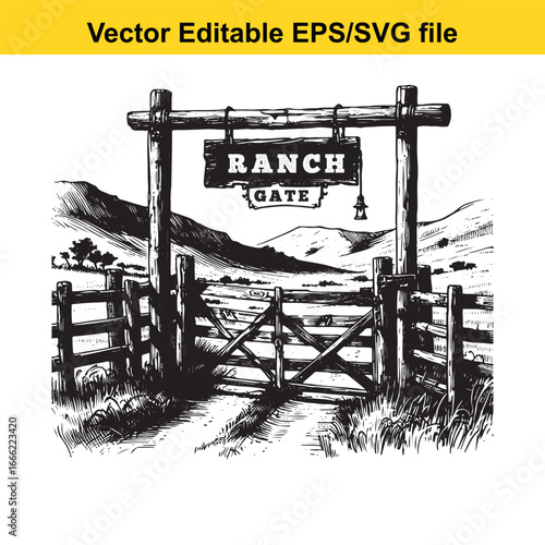 Vintage ranch gate with wooden fence and rural landscape sketch