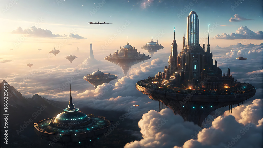 Obraz premium Fantasy Floating City Above the Clouds – Futuristic Surreal Art