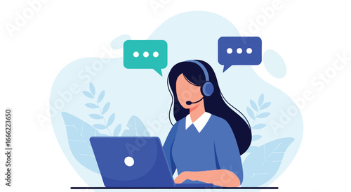 Vector illustration of customer service operator with headset working on laptop with chat bubbles