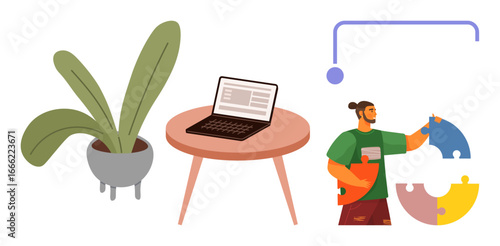 Potted plant beside a laptop on a table, man organizing puzzle pieces, and organizational structure line. Ideal for teamwork, project management, organization, creativity, productivity, planning
