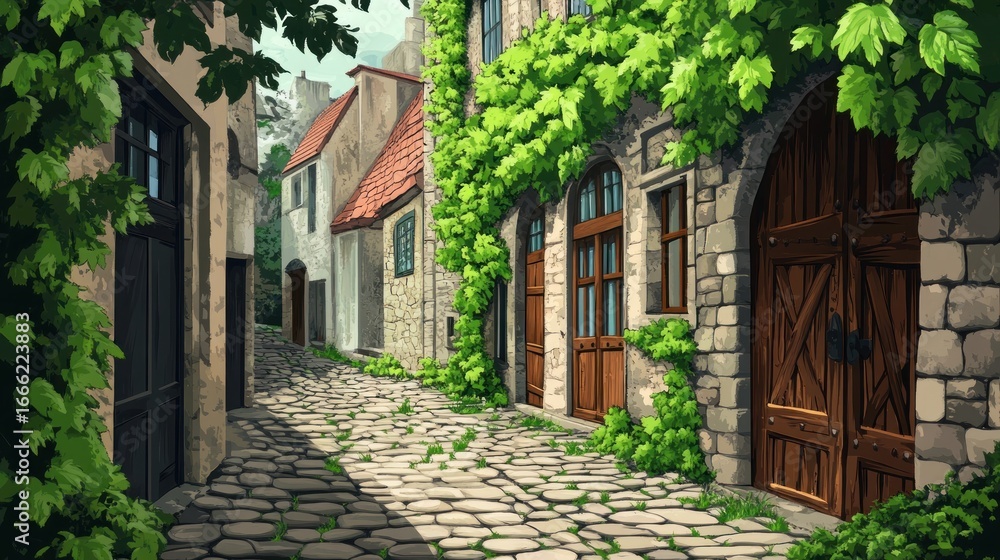 Fototapeta premium Sunlit cobblestone alleyway with ivy-covered stone buildings and arched doorways.