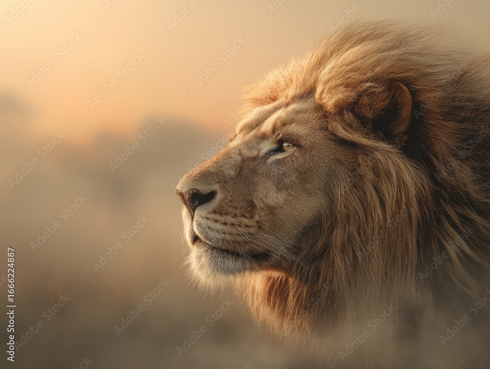 Obraz premium Majestic Lion with Golden Mane in Intense Stare, Against Ethereal Savannah Backdrop