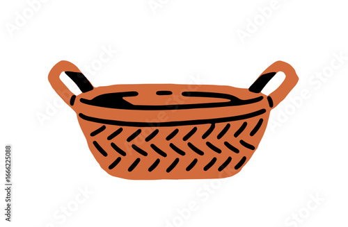 Icon of empty basket for fruit and vegetables. Hamper for agriculture crop. Wicker container or crate for gathering harvest, farm food. Flat isolated hand drawn vector illustration on white background