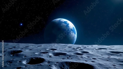 View of Earth from the Moon Surface with Craters – Stunning Outer Space Landscape