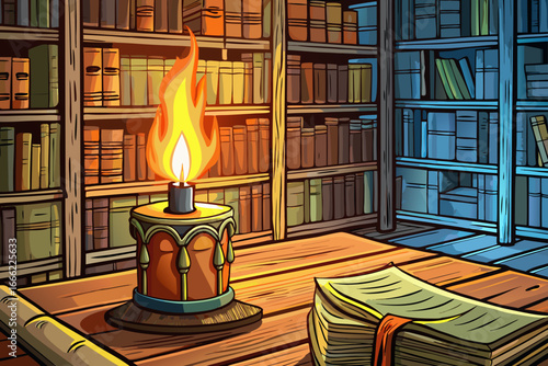 Burning candle on old wooden desk inside library with books