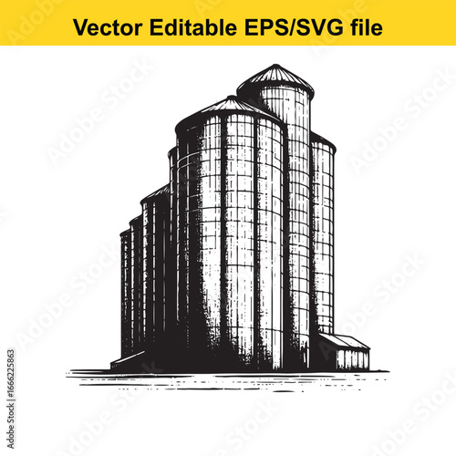 Sketch of grain silos, farm storage facility, isolated on white background