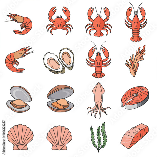 Assortment of seafood including shrimp, crab, lobster, oysters, clams, squid, and salmon.