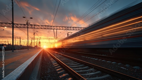 High speed train streaks past a station platform at sunset with dramatic fiery clouds and light trails