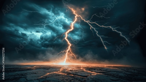 Dramatic storm with lightning striking ground creating a scene of power and force
