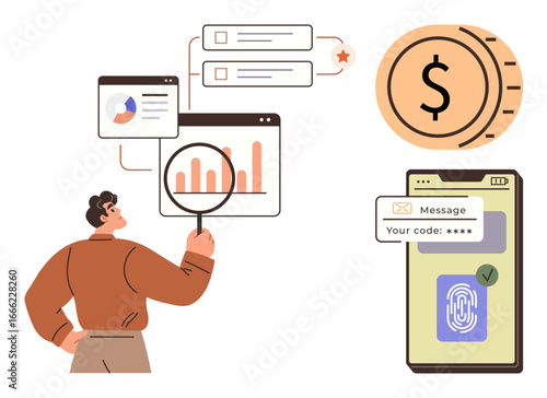 Person analyzing charts, financial coin, and smartphone with biometric and message verification. Ideal for finance, data security, mobile technology, business strategy, fintech, analytics