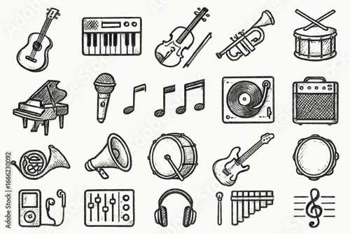 Hand Drawn Musical Instruments and Audio Equipment Collection