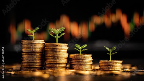 Growth of Investment Concept with Coins and Green Plant Sprouts Reflecting Prosperity and Financial Success in Business