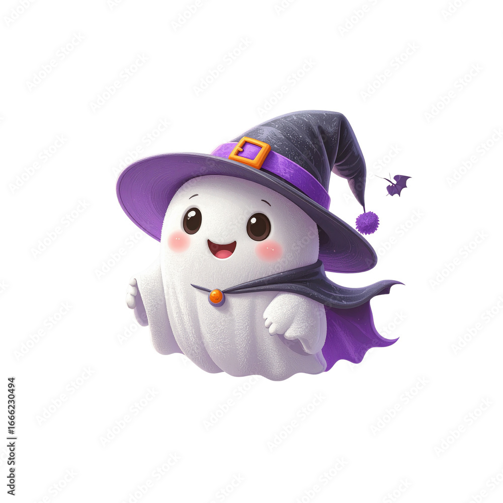 Fototapeta premium A cute cartoon witch in a scarf and hat decorates a pumpkin with a penguin illustration for a fun winter holiday