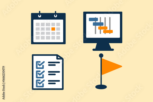 Project Management Icons – Calendar, Task Checklist, Gantt Chart, and Goal Flag