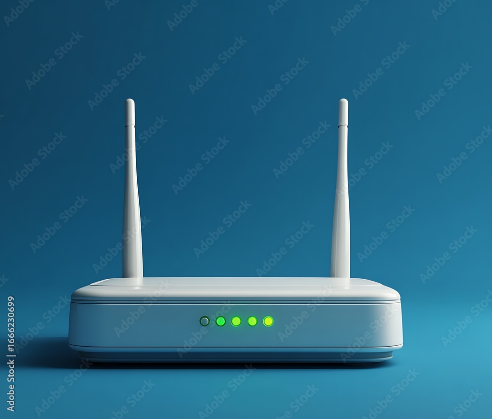 Obraz premium Modern wireless router with antennas on a blue background