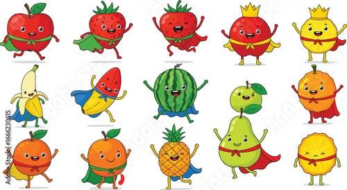 Cute cartoon fruits with superhero capes, happy fruit characters, fun food illustrations, playful healthy snacks, colorful fruit mascots, kids friendly design