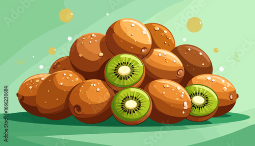 A vibrant illustration of a pile of fresh kiwis, some sliced to reveal their green flesh and black seeds