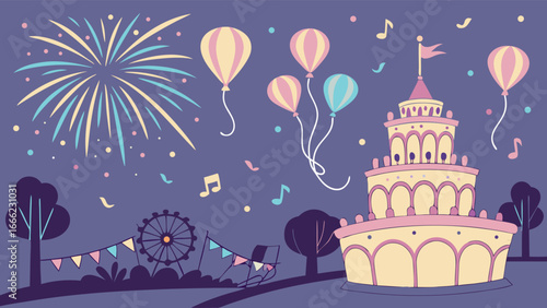 Happy festive celebration party with fireworks balloons a large cake and a carnival fairground at night event.