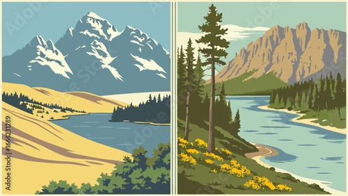 Scenic mountain landscapes with serene lakes, lush forests, and blue sky. Vintage travel poster style nature illustrations.