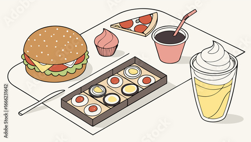 Isometric Fast Food Meal Set. Burger, Pizza, Sushi, Soda, Milkshake, Cupcake. Unhealthy Takeaway Collection.