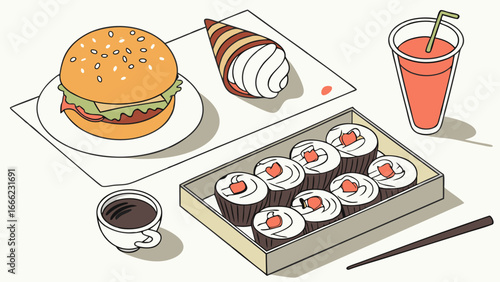 Variety of fast food and sushi meal illustration. Burger, ice cream, juice, and coffee for takeout or lunch.