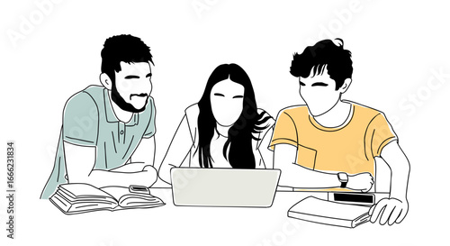 Vector hand-drawn sketch of diverse students at desks with laptops, modern flat design, ideal for education, learning, school, college, classroom, and academic projects
