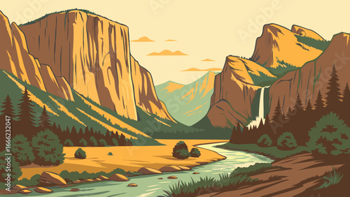 Scenic mountain valley landscape with river waterfall and forest trees. Nature travel adventure illustration.