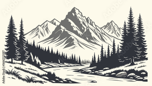 Black and white mountain landscape with river and pine forest. Vintage nature engraving illustration wilderness scene.