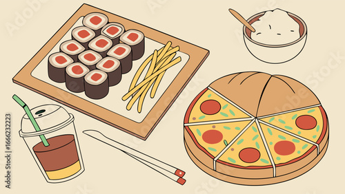 Assortment of popular fast food: sushi, pizza, french fries, rice, and iced drink. Takeout and delivery illustration.