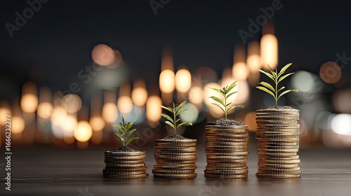 Growth of Investments with Coins and Plants Representing Financial Stability and Prosperity in a Modern Economy