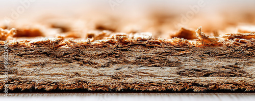 Close up view of particle board showcasing wood texture and layers in natural light during daytime