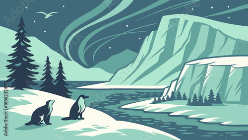 Northern Lights over snowy arctic landscape with mountains, pine trees, water, and polar animals. Winter nature scene illustration.