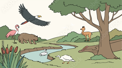 Wildlife animals in nature landscape with river, trees, and green grass. Forest ecosystem and outdoor habitat illustration.