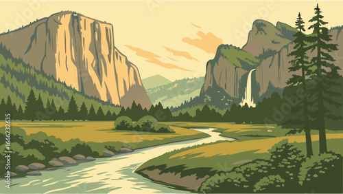 Beautiful Yosemite Valley landscape. Majestic mountains, flowing river, green forest, and waterfall. Scenic nature park view.