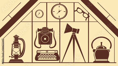 Attic full of vintage items. Old retro objects and antique collection stored in a house. Nostalgic memories of the past.