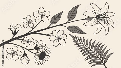 Floral outline vector illustration set. Botanical line art drawing of flowers, leaves, branches, lily, and fern for design.
