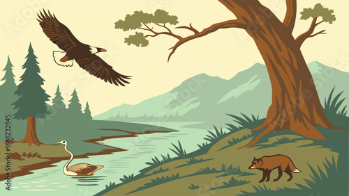 Wild animals: Eagle, fox, and swan in a natural forest landscape with river and mountains. Nature and wildlife scene.