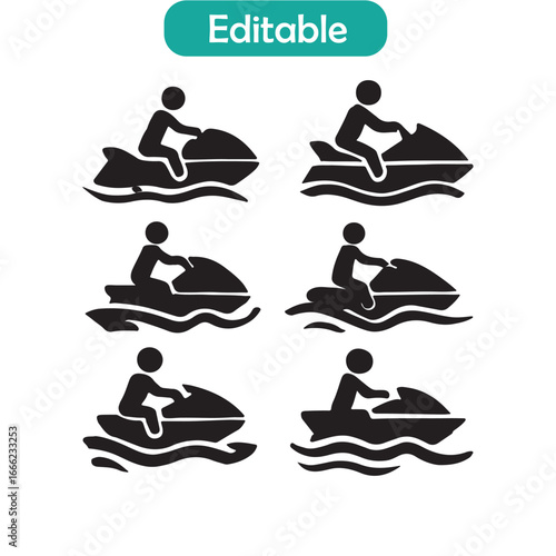 Person Riding Jetski Flat Icon Vector, Water Sports Silhouette, Jet Ski Rider Illustration