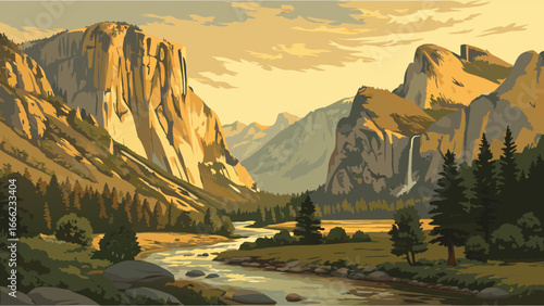 Yosemite National Park landscape with majestic mountains river forest and scenic valley view waterfall El Capitan golden hour.