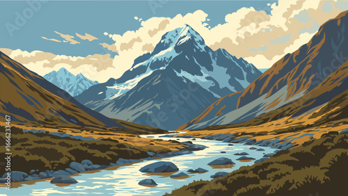 Beautiful mountain landscape with a clear river flowing through a scenic valley. Majestic snow-capped peaks and tranquil nature scene.